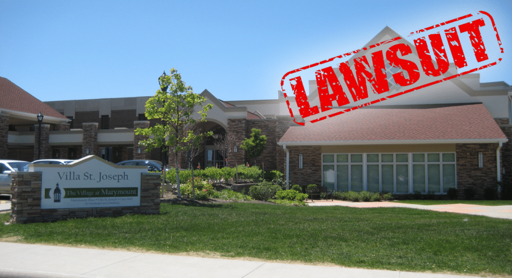 An image of the Villa St. Joseph nursing home building with the company logo and the word lawsuit as a red ink stamp superimposed on it.
